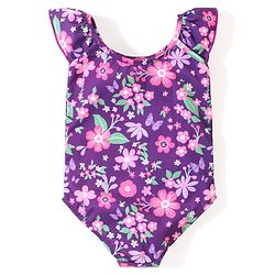Babyhug Flutter Sleeves V Cut Swimsuit Floral Print - Purple