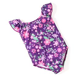 Babyhug Flutter Sleeves V Cut Swimsuit Floral Print - Purple