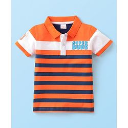 Babyhug Cotton Knit  Half Sleeves Striped  Polo T-Shirt  with Text Graphics & Applique Detailing - Orange
