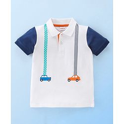 Babyhug Cotton Knit  Half Sleeves Polo T-Shirt with Car Graphics - White