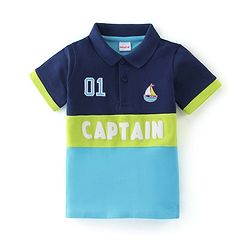 Babyhug Cotton Half Sleeves Polo T-Shirt With Boat Graphics & Applique Detailing - Blue