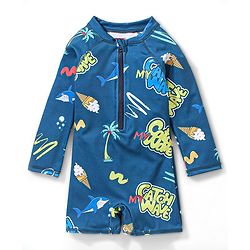 Babyhug Full Sleeves Legged Swimsuit with Text & Ice Cream Print -  Blue
