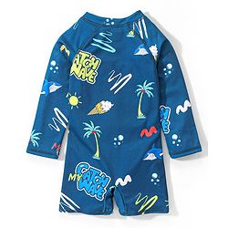 Babyhug Full Sleeves Legged Swimsuit with Text & Ice Cream Print -  Blue