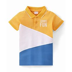 Babyhug 100% Cotton Knit Half Sleeves Polo T-Shirt with Graphics - Orange White & Blue