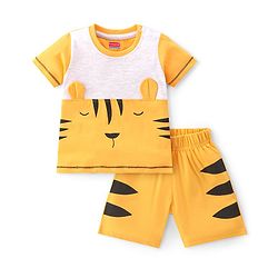 Babyhug Cotton Knit Half Sleeves Night Suit With Tiger Print - Yellow & Black