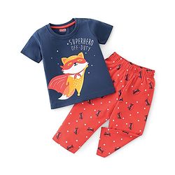 Babyhug Single Jersey Knit Half Sleeves Night Suit With Kitty Superhero Print - Navy Blue & Red