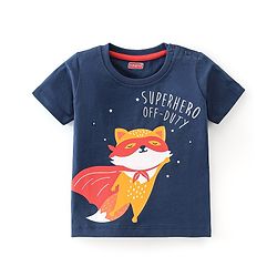 Babyhug Single Jersey Knit Half Sleeves Night Suit With Kitty Superhero Print - Navy Blue & Red