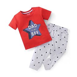 Babyhug Single Jersey Knit Half Sleeves Night Suit With Star & Text Print - Red & Grey