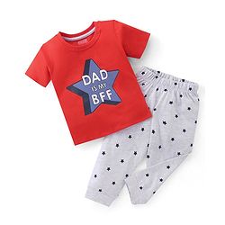 Babyhug Single Jersey Knit Half Sleeves Night Suit With Star & Text Print - Red & Grey