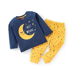 Babyhug Single Jersey Knit Full Sleeves Night Suit Moon Stars & Text Print - Yellow & Blue
