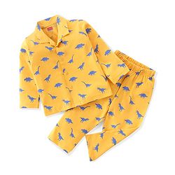 Babyhug Cotton Knit Full Sleeves Night Suit With Dino Print - Yellow