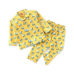 Babyhug Single Jersey Knit Full Sleeves Night Suit With Tractor & Truck Print - Yellow