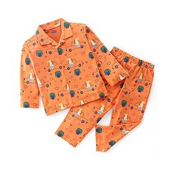 Babyhug Cotton Knit Full Sleeves Night Suit Crocodile & Car Print- Orange