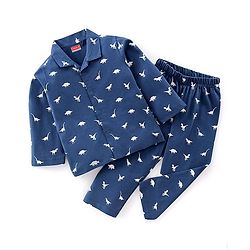 Babyhug Single Jersey Knit Full Sleeves Night Suit With Dino Print - Navy Blue