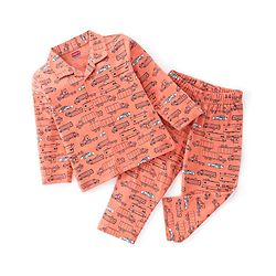 Babyhug Cotton Knit Full Sleeves Night Suit With Cars Print - Orange