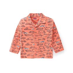Babyhug Cotton Knit Full Sleeves Night Suit With Cars Print - Orange
