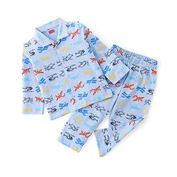 Babyhug Cotton Knit Full Sleeves Night Suit Air Plane Print- Blue