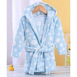 Babyhug Velour Full Sleeves Bathrobe with Hooded Polka Dot Print - Blue