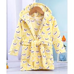 Babyhug Velour Full Sleeves Bathrobe with Hood Hearts Print - Yellow