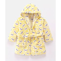 Babyhug Velour Full Sleeves Bathrobe with Hood Hearts Print - Yellow