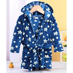 Babyhug Velour Full Sleeves Bathrobe with Hood Star Print - Blue