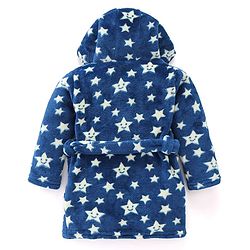 Babyhug Velour Full Sleeves Bathrobe with Hood Star Print - Blue