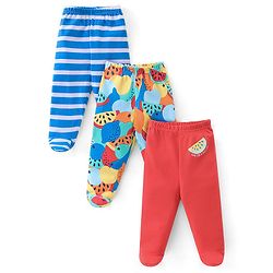 Babyhug 100%  Cotton Knit Interlock Stripe & Fruit Prints Bootie Leggings Pack of 3 - Blue & Red