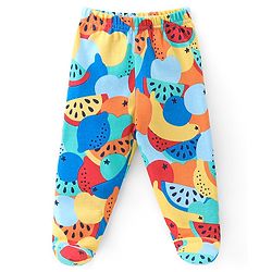 Babyhug 100%  Cotton Knit Interlock Stripe & Fruit Prints Bootie Leggings Pack of 3 - Blue & Red