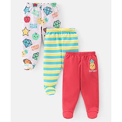 Babyhug 100% Cotton Interlock Knit Bootie Legging Stripes & Apple Print Pack Of 3 - Multicolor