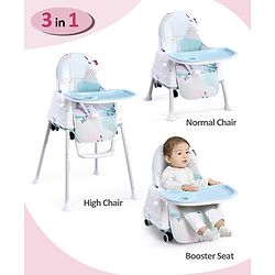 Babyhug 3 in 1 Comfy High Chair with Printed Cushion| High Chair, Feeding Chair & Booster Chair| Adjustable Double Food Tray| Removable PU Leather Seat| Safety Harness| Removable Footrest
