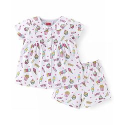 Babyhug Cotton Knit Half Sleeves Night Suit Ice Cream & Text Print- White