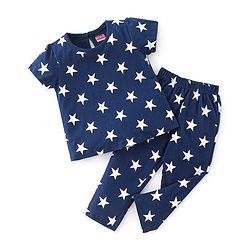 Babyhug Cotton Knit Half Sleeves Night Suit With Star Print - Navy Blue