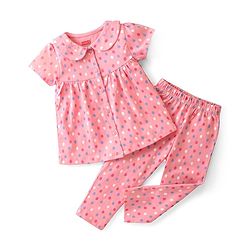 Babyhug Cotton Knit Single Jersey Half Sleeves Night Suit With Polka Dots Print - Pink