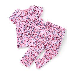 Babyhug Single Jersey Half Sleeves Night Suit Floral Print - Pink