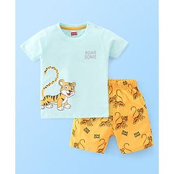Babyhug Cotton Knit Half Sleeves Night Suit With Tiger Print - Blue