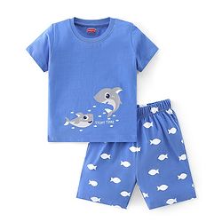 Babyhug Cotton Knit Half Sleeves Night Suit With Shark Print - Blue