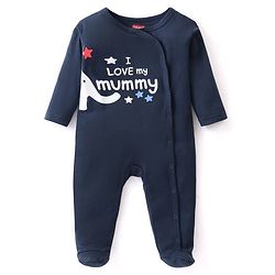 Babyhug Interlock Knit Full Sleeves Sleepsuit With Text Print- Navy Blue