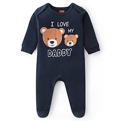 Babyhug Interlock Cotton Knit Full Sleeves Teddy Print Sleep Suit - Navy Blue
