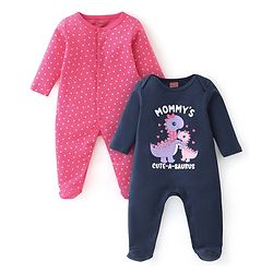 Babyhug Interlock Cotton Knit Full Sleeves Dino & Heart Print Sleepsuits Pack of 2 - Navy & Pink