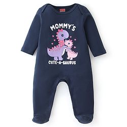 Babyhug Interlock Cotton Knit Full Sleeves Dino & Heart Print Sleepsuits Pack of 2 - Navy & Pink
