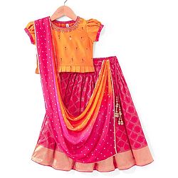 Babyhug  Short Sleeves Embroidered Choli with Brocade Lehenga & Dupatta Set - Pink & Orange