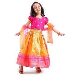 Babyhug Short Sleeves Banarsi Embroidered Choli with Brocade Lehenga & Dupatta - Mustard
