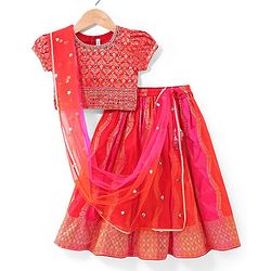 Babyhug  Short Sleeves Embroidered Choli with Brocade Lehenga and Dupatta Set - Multicolor