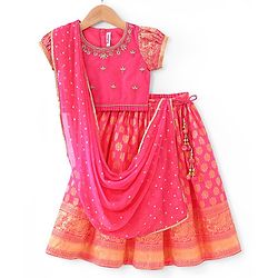 Babyhug  Short Sleeves Floral Embroidered Choli with Brocade Lehenga and Dupatta Se- Fuschia