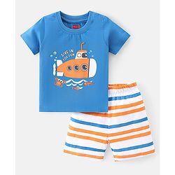Babyhug Cotton Knit Single Jersey Half Sleeves Night Suit With Submarine Print - Blue & White