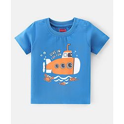 Babyhug Cotton Knit Single Jersey Half Sleeves Night Suit With Submarine Print - Blue & White