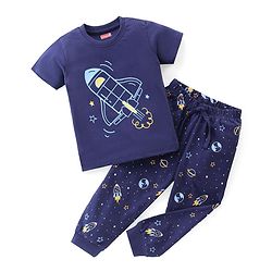 Babyhug Cotton Knit Half Sleeves Night Suit Space  Print - Navy Blue