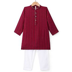 Babyhug Lurex Woven Full Sleeves Striped Kurta & Pyjama Set - Red