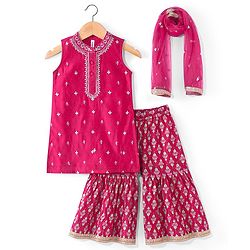 Babyhug Woven Sleeveless Floral Embroidered Kurti with Foil Printed Palazzo & Sequenced Dupatta -Fuschia