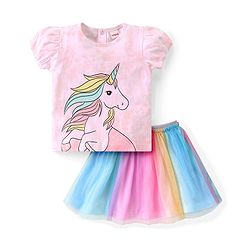 Babyhug Single Jersey Knit Half Sleeves Top & Shorts Set with Unicorn Print - Multicolour